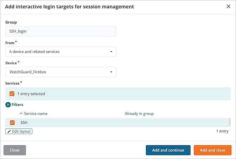 Screen shot of the Add Interactive Login Targets for Session Management dialog box